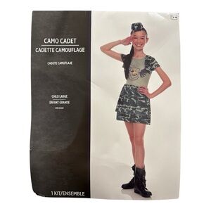 NWT Camo Cadet Girl's Costume Halloween Army Camouflage Hat Dress Large 8-10